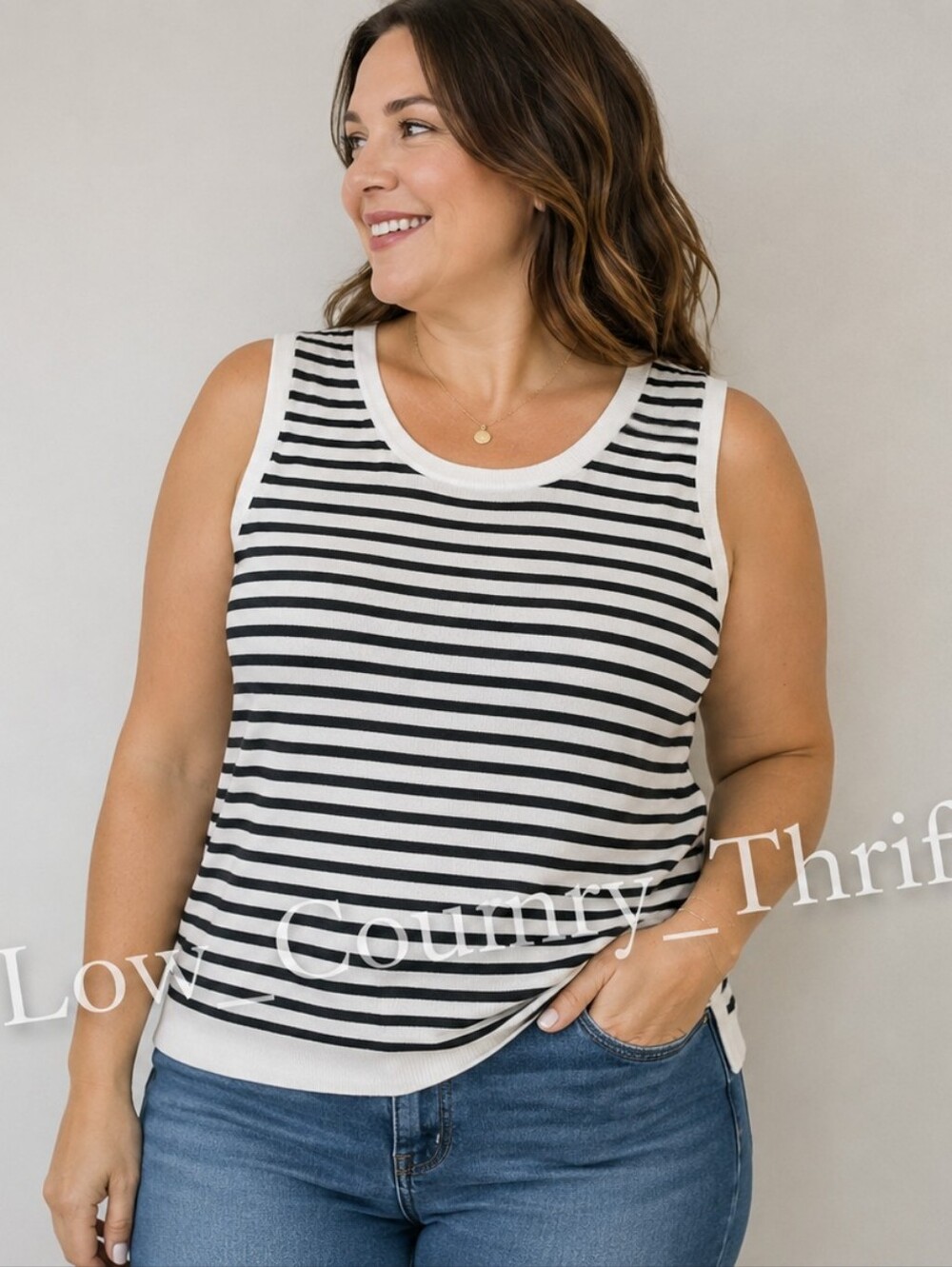 Talbots 1X Black White Striped Knit Tank Top Sleeveless Classic